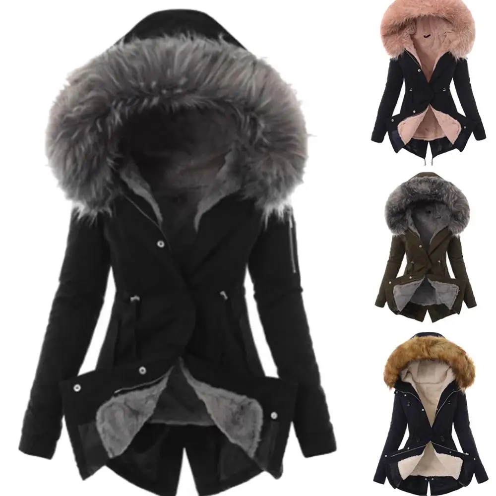 Caldo inverno donna piumino in cotone con cappuccio in pelliccia sintetica capispalla Casual lungo soprabito image