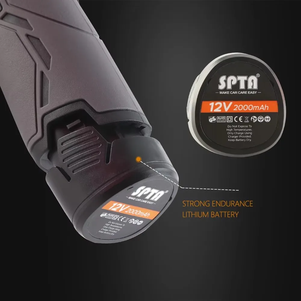 SPTA Cordless Car Buffer Polisher with 2Pcs 12V Lithium Rechargeable Battery Brushless Polisher with Variable Speed For Waxing