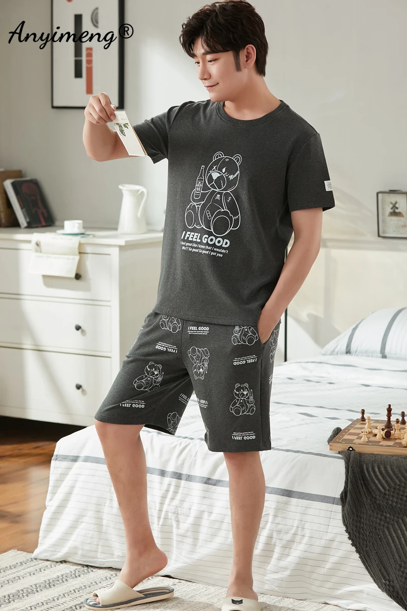 100% Cotton Youth Men Pajamas Soft Breathable Sleepwear Leisure Summer Shorts Homewear Pullover Basketball Printing Fashion Pjs mens silk pajama set Pajama Sets