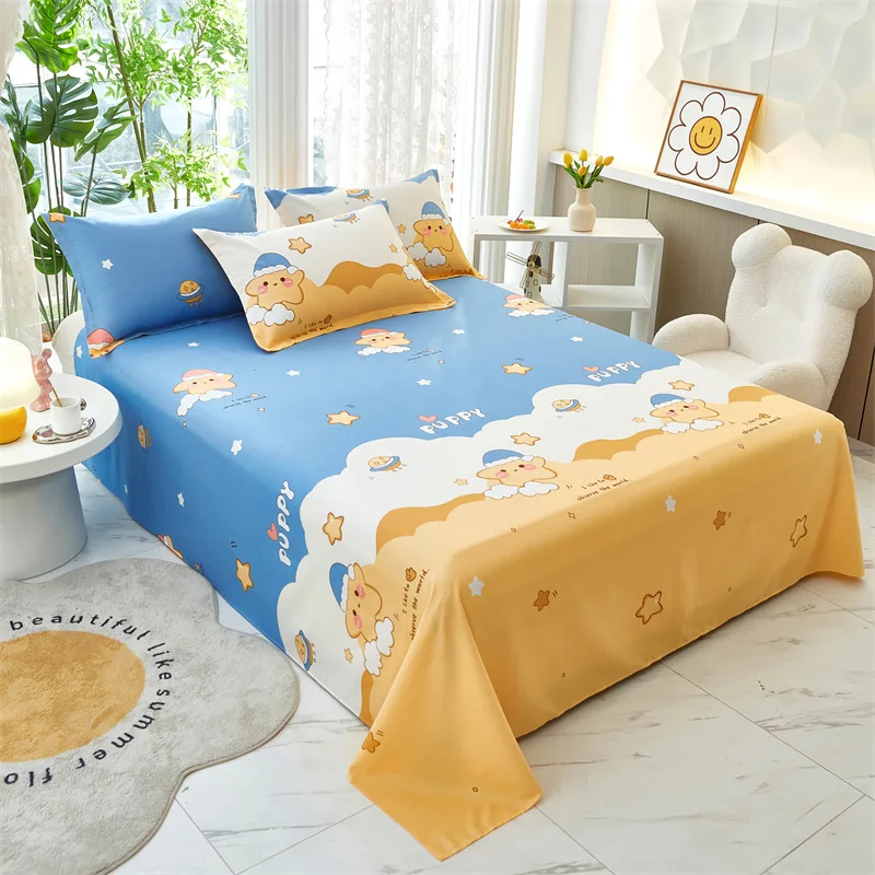 Cartoon Star Flat Sheet Twin Kawaii Yellow Stars Bed Sheet Set For Child Teen Room Decor Soft Cotton Bed Cover with 2 Pillowcase 1