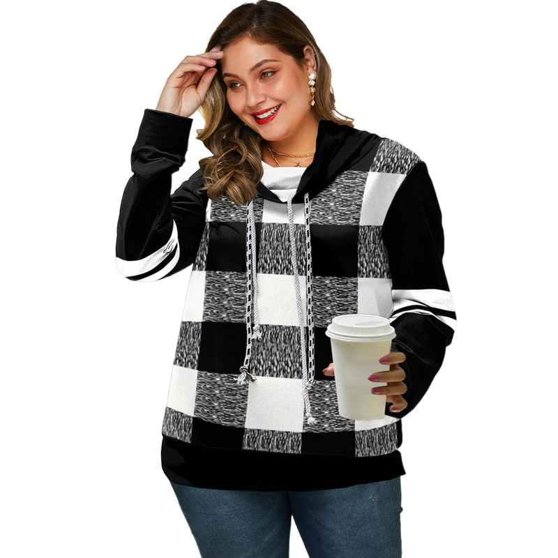 

Plus Size Sweatshirt Women Long Sleeve Drawstring Plaid Sweatshirts Streetwear 2022 New Fashion Autumn Winter Pullover Loose Top