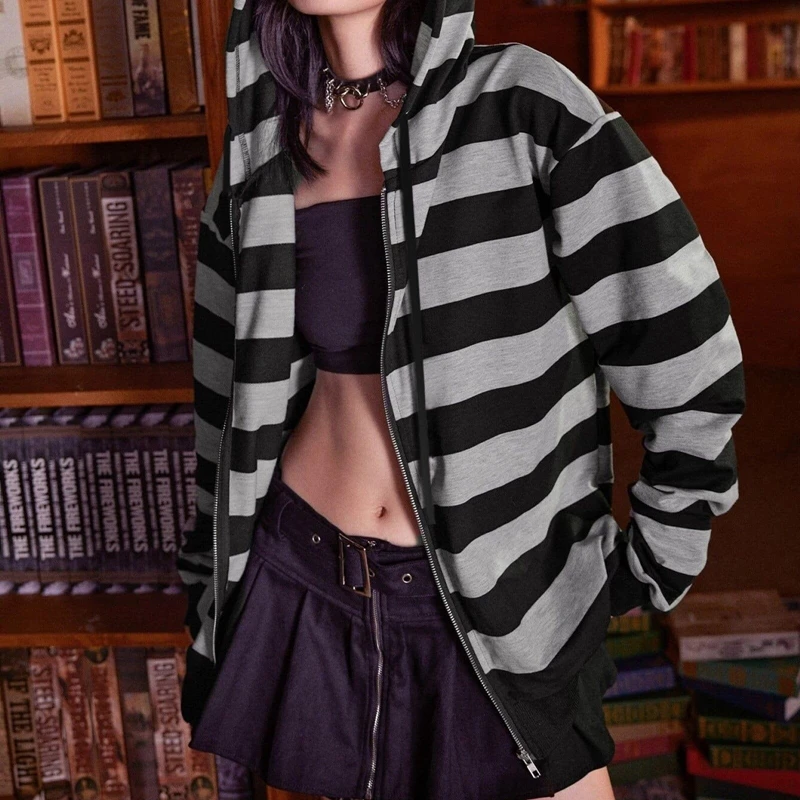 Vintage Stripe Hoodie Long Sleeve Loose Hooded Sweatshirt Women Preppy y2k Grunge 2000s Retro Autumn Hoodie Coat Streetwear