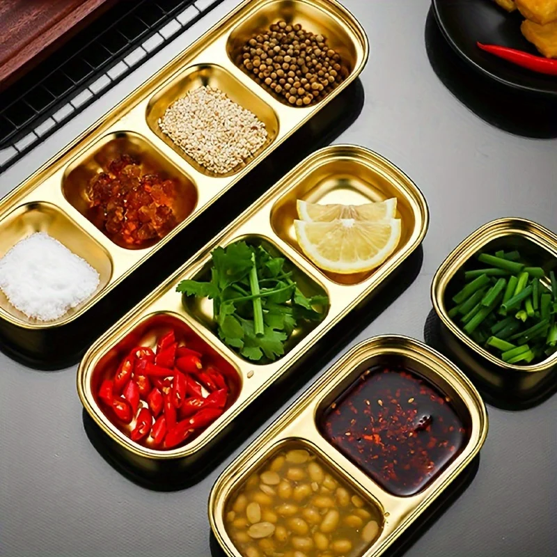 1pc, Stainless Steel Snack Serving Tray Set with Divided Sections-Condiment and Sauce Dishes for Dipping. butter dish
