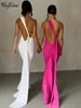 Hugcitar One Shoulder Backless Adjustable Scarf Loop Ruched Sexy Maxi Dress 2024 Women Elegant Y2K Streetwear Festival Outfit 1