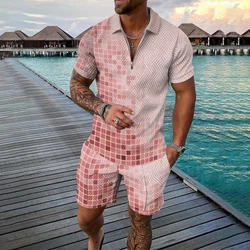 Summer men's fashion trend Fitness sports V-neck Zipper short-sleeved shorts two-piece casual printed slimming men's suit