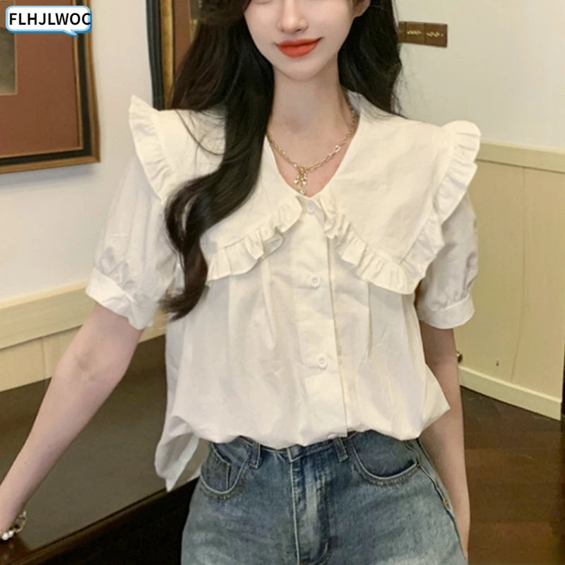 

Базовые Рубашки, Блузки 2023, женский дизайн, корейский преппи стиль, Милые Японские Женские топы с круглым воротником и оборками, белая рубашка на пуговицах