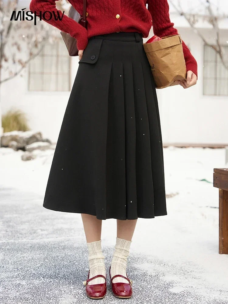 MISHOW Winter Woolen Pleated Skirt for Women 2023 Elegant Fashion High Waist A-line Midi Black Skirts Office Ladies MXC56B0237 fashion three row pin buckle ladies elastic waist double buckle cross black wide hundred matching dress suit jacket waistband