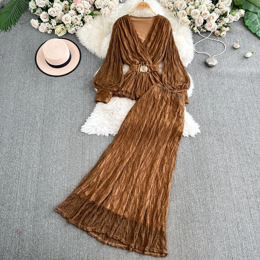 Women Clothing Skirt Outfits 2 Piece Sets V-neck Lantern Sleeve Slim Waist Tops High Waist Slim Fit Suit Fashion Temperament Set