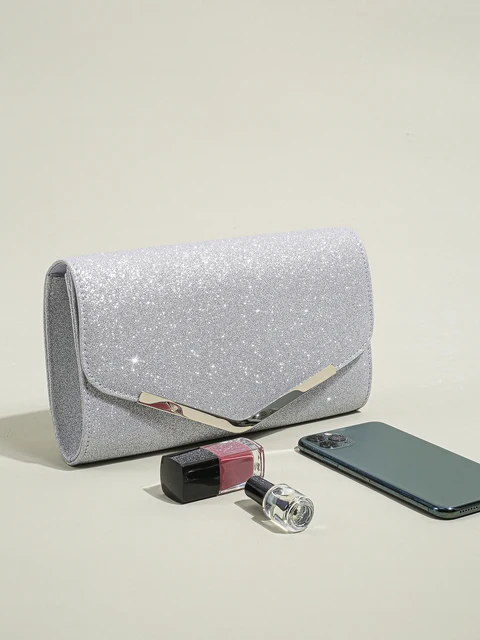 Pochette Donna Argento Glitterata - Borsa Sera Con Catena, Per Matrimoni E Feste - Foto 11