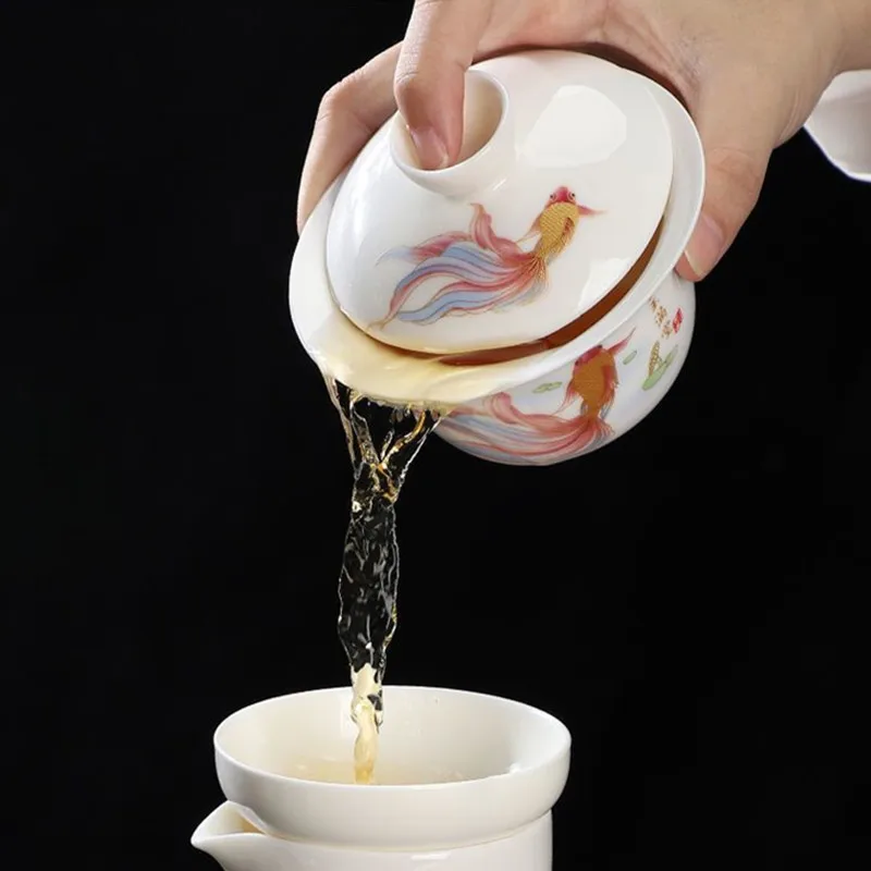 Suet Jade Porcelain Sancai Gaiwan, Hovering Teacup, White Ceramic Single Tea Bowl, Suspension Tea Set, Tureen, Household Teaware