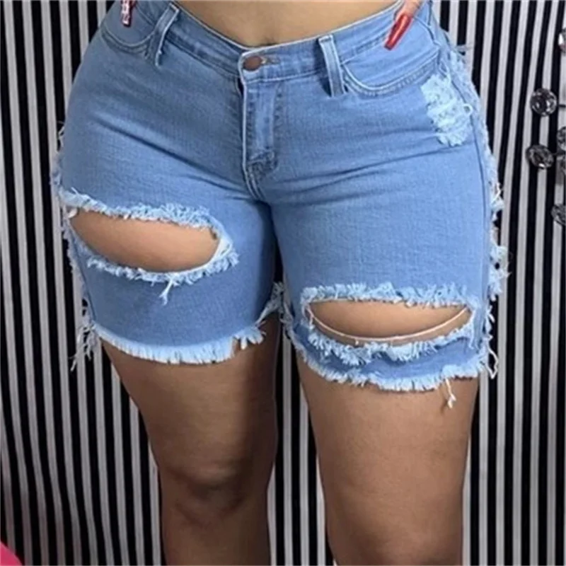 Fashion Broken Holes Hollow Out Denim Shorts Women New High Waist Stretch Three Quarter Pants Female Mini Jeans Trend Streetwear