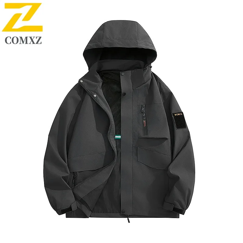 COMXZ Minimalist Hooded Design Mens Jacket Mountaineering Windproof Motorcycle Jacket Daily Style Lightweight Autumn Clothing