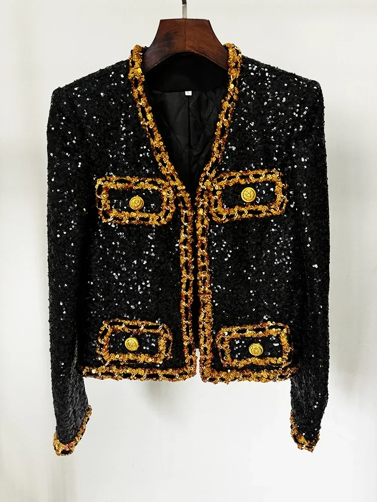 

Newest Fashion 2024 New Designer Women's Gold Chains Sequined Jacket Women Jacket