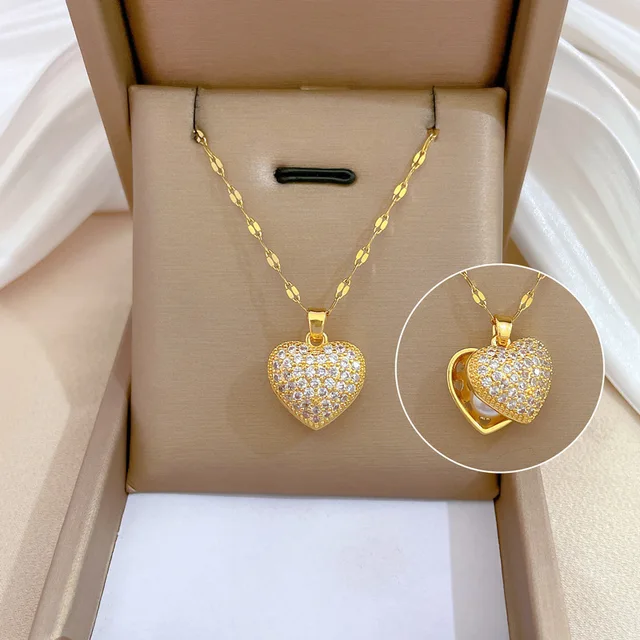 French Shell Pearl Necklace – Gold CZ Heart Pendant, Women’s Jewelry