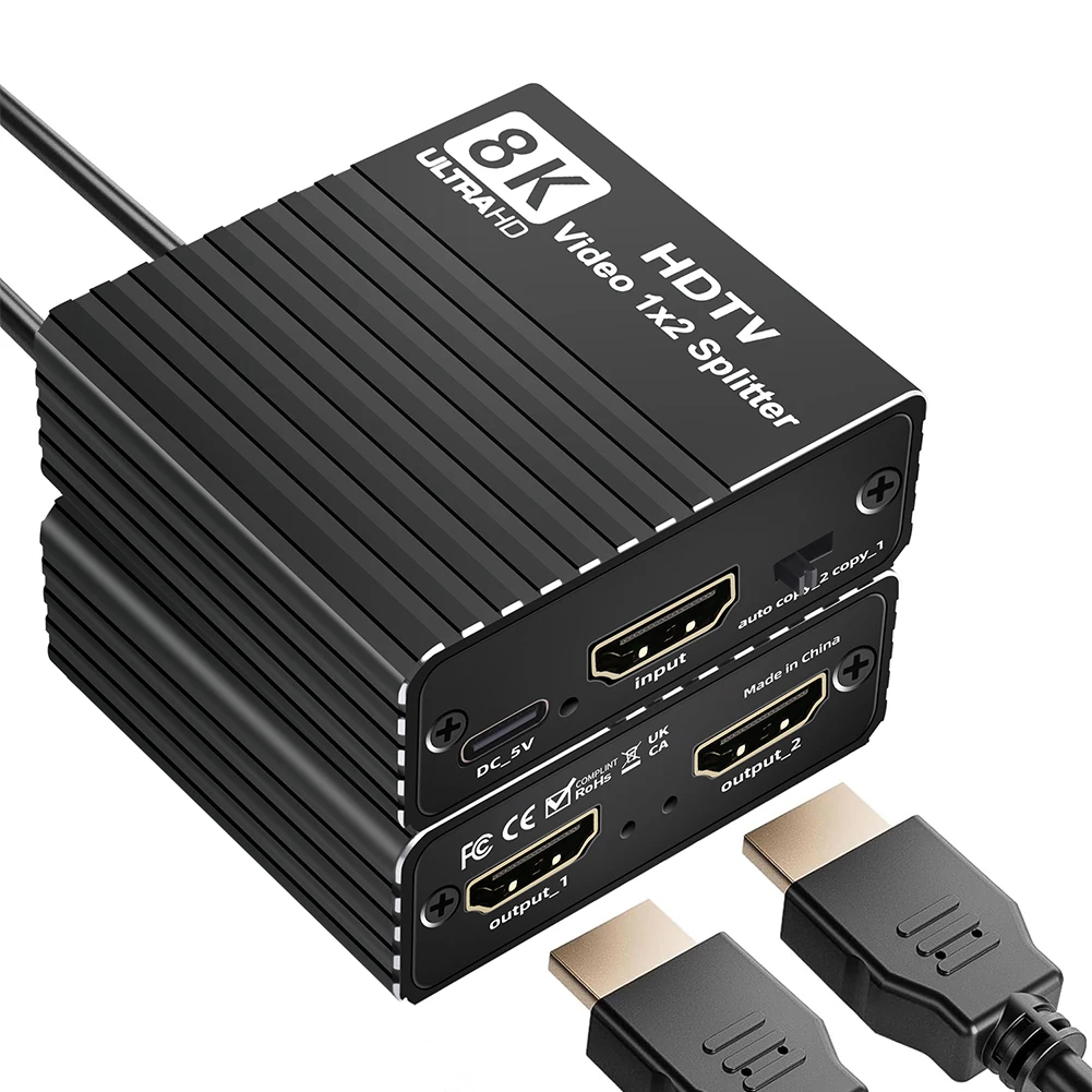 8K HDTV 1X2 Splitter with EDID HDMI-Compatible 1 To 2 Splitter Dual Display Video Splitter for Set-Top Box Game Console Computer