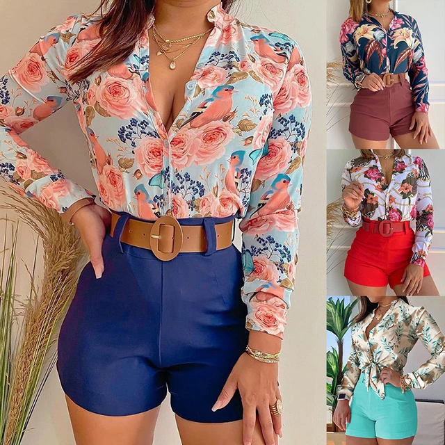 Conjunto de cortos estampados mujer, camisa de manga larga con levantado, blusa y pantalones cortos, traje cinturón, novedad de verano 2022 _ - AliExpress Mobile