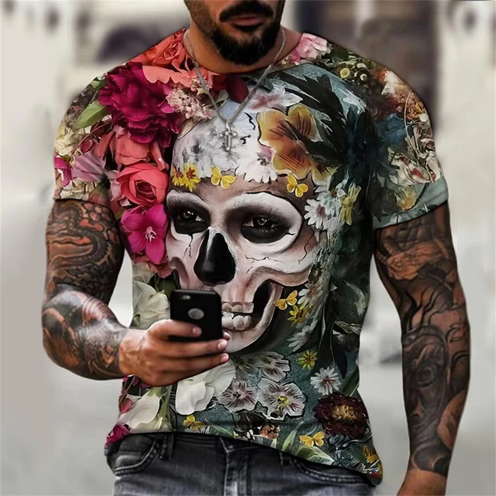 Men's Casual T-Shirt, Gothic Skull Heart Hands Graphic Black Short Sleeve Crew Men Tee Cool Streetwear Halloween Fashion T-shirt