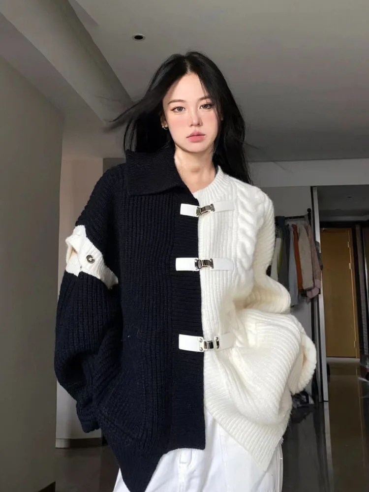 

Oversized Cardigan Tops Women Clothing Fashion Irregular Streetwear Mujer Contrast Color Casual Knitted Sweater Coat Y2k Clothes