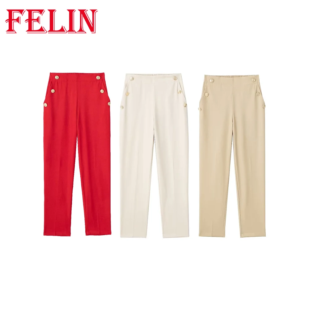 

TRAFZA 2023 Women Autumn Casual Solid Pants Double Buttons Office Lady Pants Loose Elastic Waist Long Pants Women Fashion Pants
