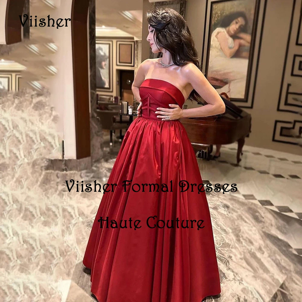

Red Satin Evening Dresses for Women Strapless A Line Prom Party Dress Floor Length Arabian Dubai Wedding Party Gowns