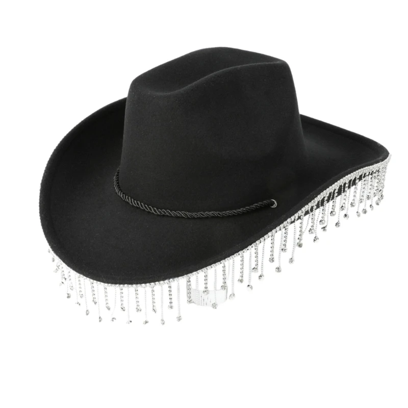 

Fringed Rhinestones Hat Holiday Music Festival Hat Adult Street Cowboy Hat
