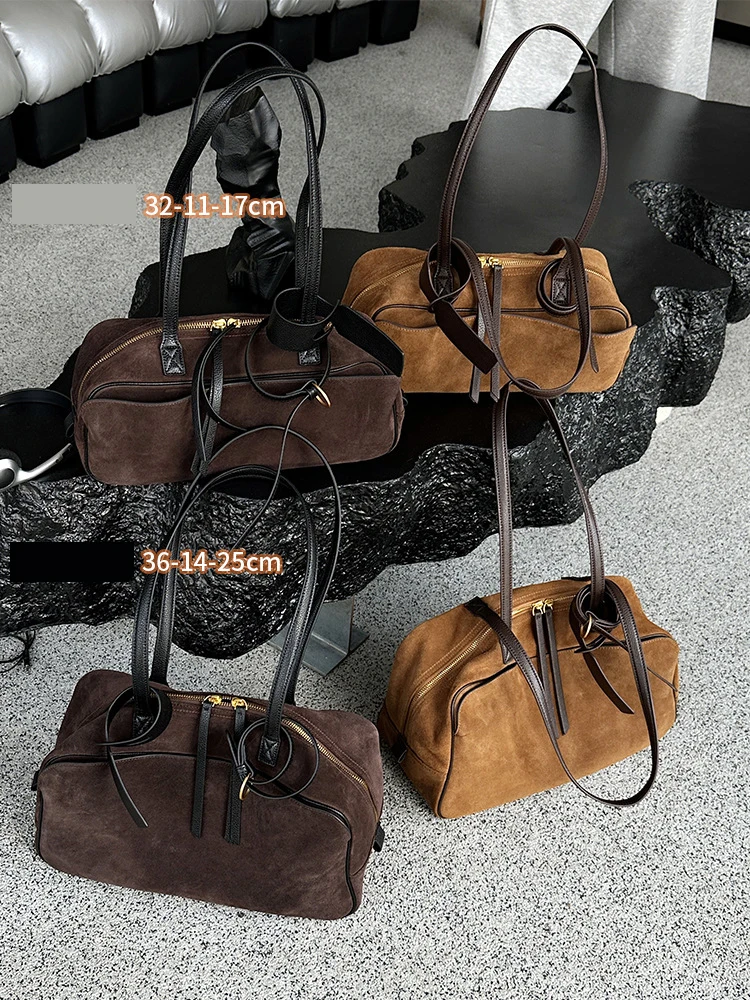 Women's Bowling Tote Bag 2025 New Suede Leather Handbag Top Grain Leather Single Shoulder Underarm Bag Commuting Premium Chic 6
