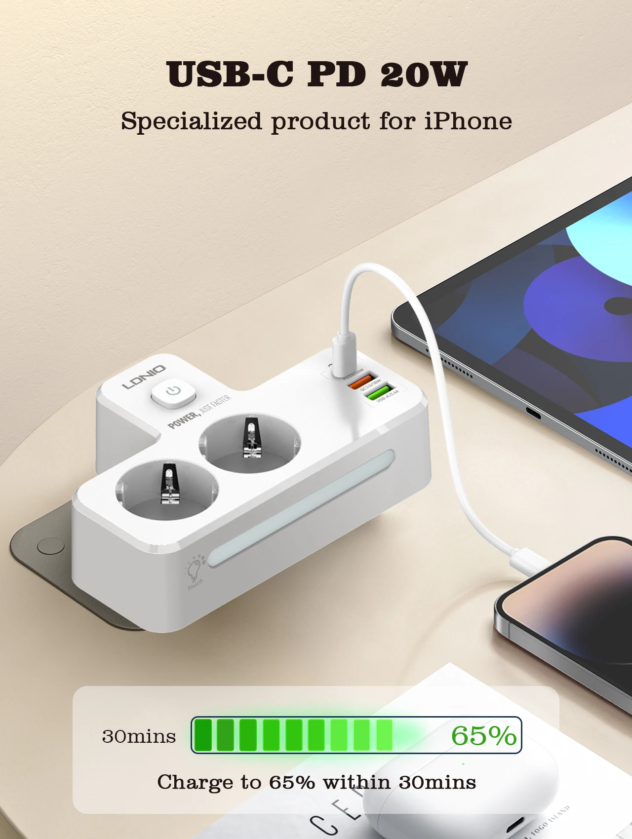 Power Strip European Plug Extension 20W PD 3 USB 2AC Outlet Extender Adapter Touch Night Lamp EU Standard Wall Socket