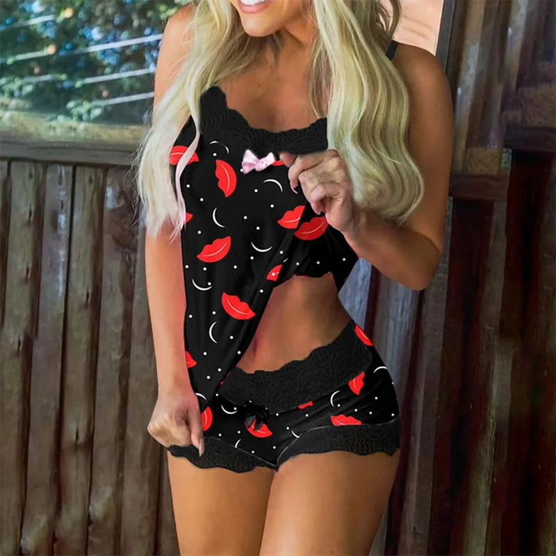 Women Pajamas Set Summer Sexy Seamless Lingerie Lace Bowknot Plus Size Sleeveless Sleepwear