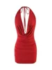 Women s Sexy Halter Neck Sleeveless Mini Dress with Open Back and Ruched Detailing - Solid Color Summer Dress 1
