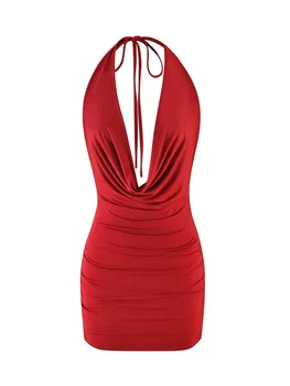 Women s Sexy Halter Neck Sleeveless Mini Dress with Open Back and Ruched Detailing - Solid Color Summer Dress 1