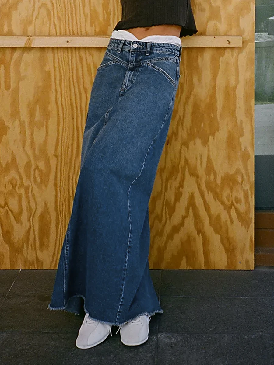 

Женская длинная джинсовая юбка, Готическая однотонная трапециевидная Юбка со средней талией и широкими штанинами, с карманами, в стиле ретро, для школы и покупок
