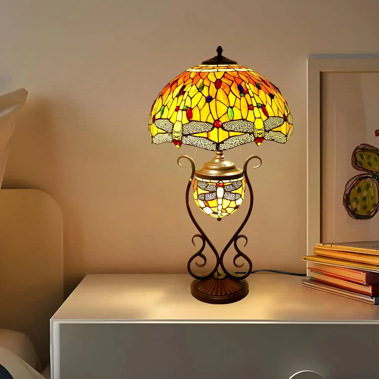 Tiffany Lamp Stained Glass Inches Beautiful Dragonfly Style Large Table Desk Light Bedroom Living Room Home Office