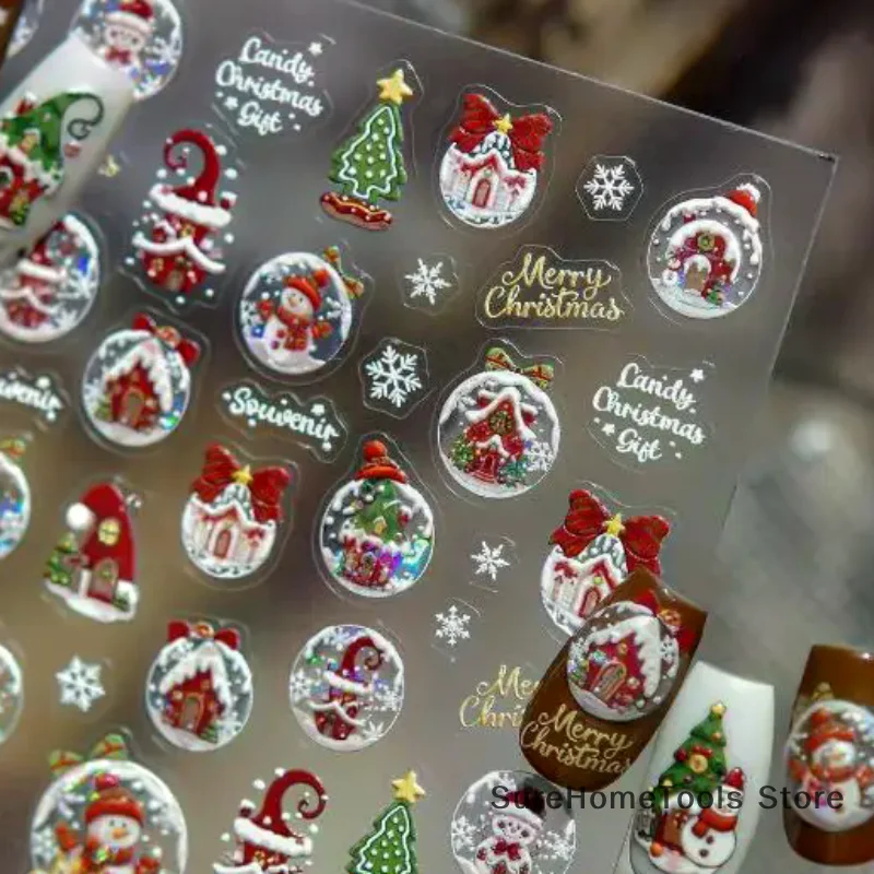 Christmas 3D Embossed Nail Stickers - Dreamy Snowflake Snowman Christmas Tree Decals, Winter Manicure Adhesive Accessories