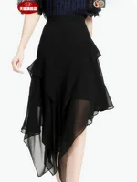 Summer Slimming High Waist Bla Chiffon Asymmetrical Skirt Women's Faionable Draped Thin Sle f-length Skirt - Image 2