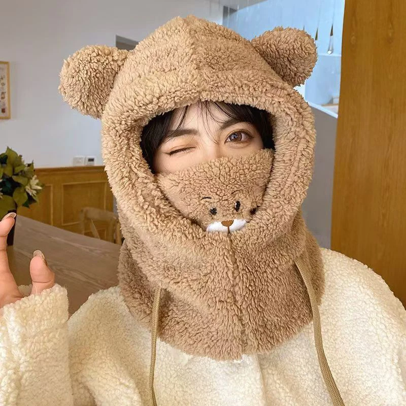 Cartoon Bear Ear Lamb Beanie Hat With Mask Warm Winter Thickened Ear Protection Autumn Skullies Beanies For Women Girl windproof winter hat