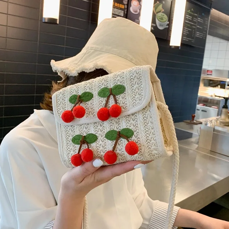 Imitation Grass Woven Small Bag Women's Cute Cherry Shoulder Bag Straw Beach Casual Handbags Girls Sweet Crossbody Bags