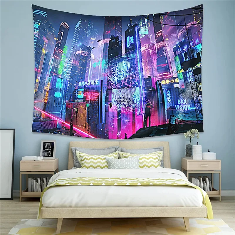 Cyberpunk Neo Futuristic Poster Tapestry Psychedelic Fantasy City Cyberspace Neon Good Vibes Only Art Game Room Kids Bedroom