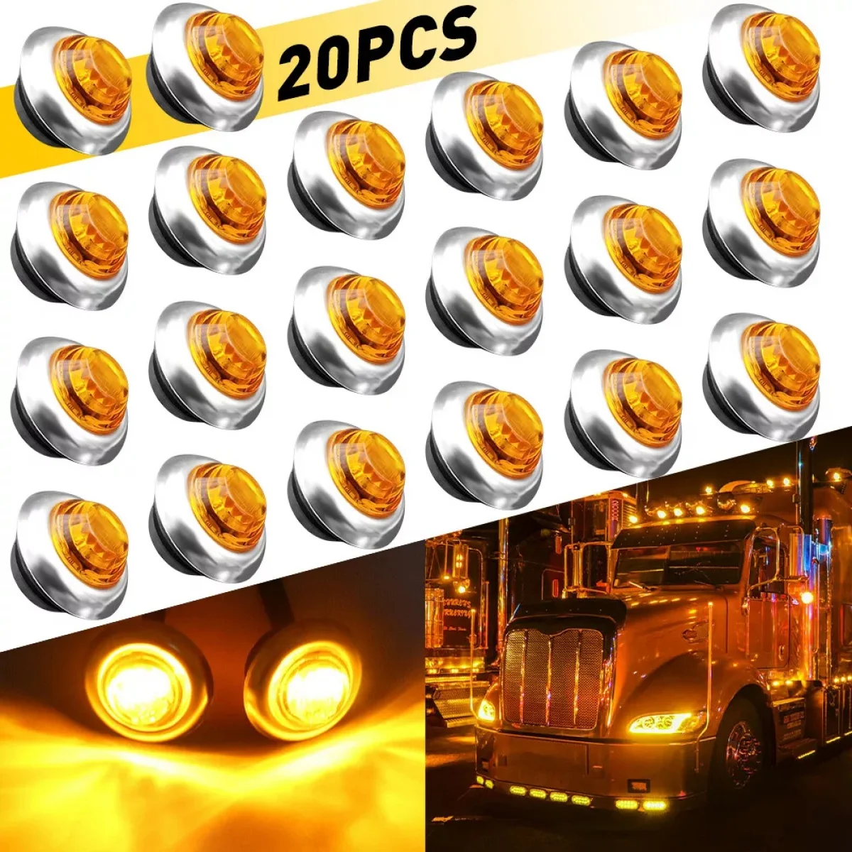 20PCS 3/4 Inch Amber Round Mini 3 LED Side Marker Lights with Stainless Chrome Bezel Sealed for Truck Lorry Boat 12V DC led marker lights