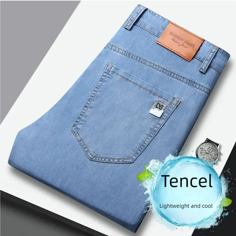 Summer Ultra-thin Men's Jeans Lyocell Soft Breathable Loose Straight Light Blue Denim Pants Business Casual Ice Silk Trousers 1