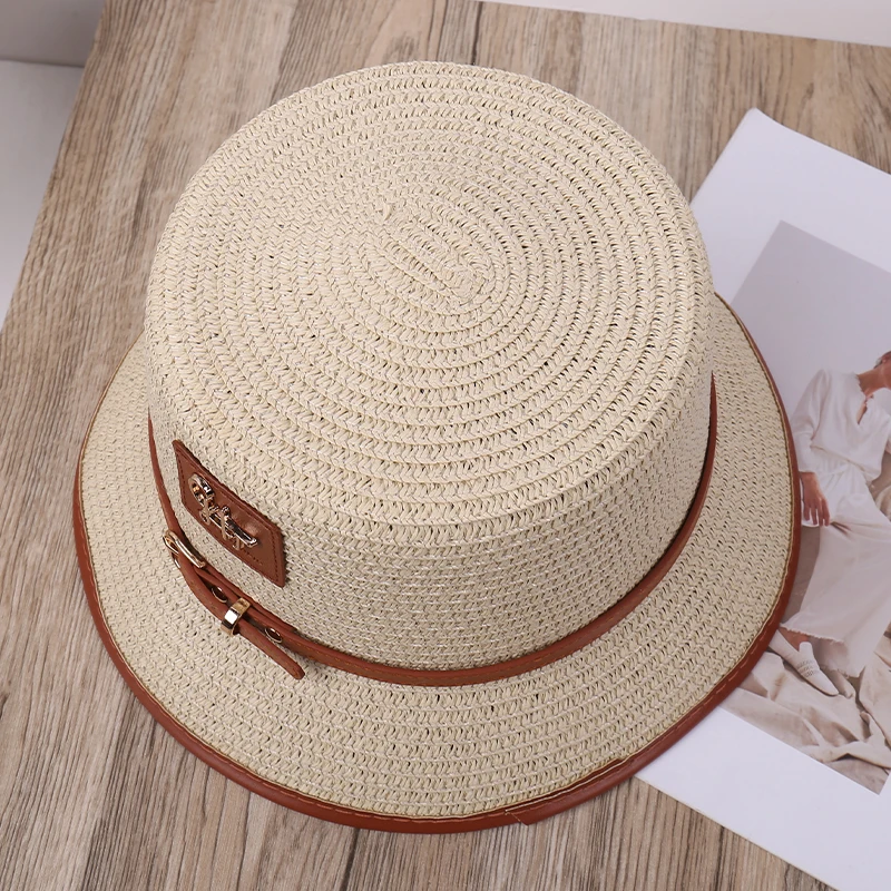 Eleganter Vintage-Mode-Zylinder mit atmungsaktiver, lässiger Gürtelschnalle, vielseitiger flacher Strandurlaubshut für stilvolle Outfits_voghion.com