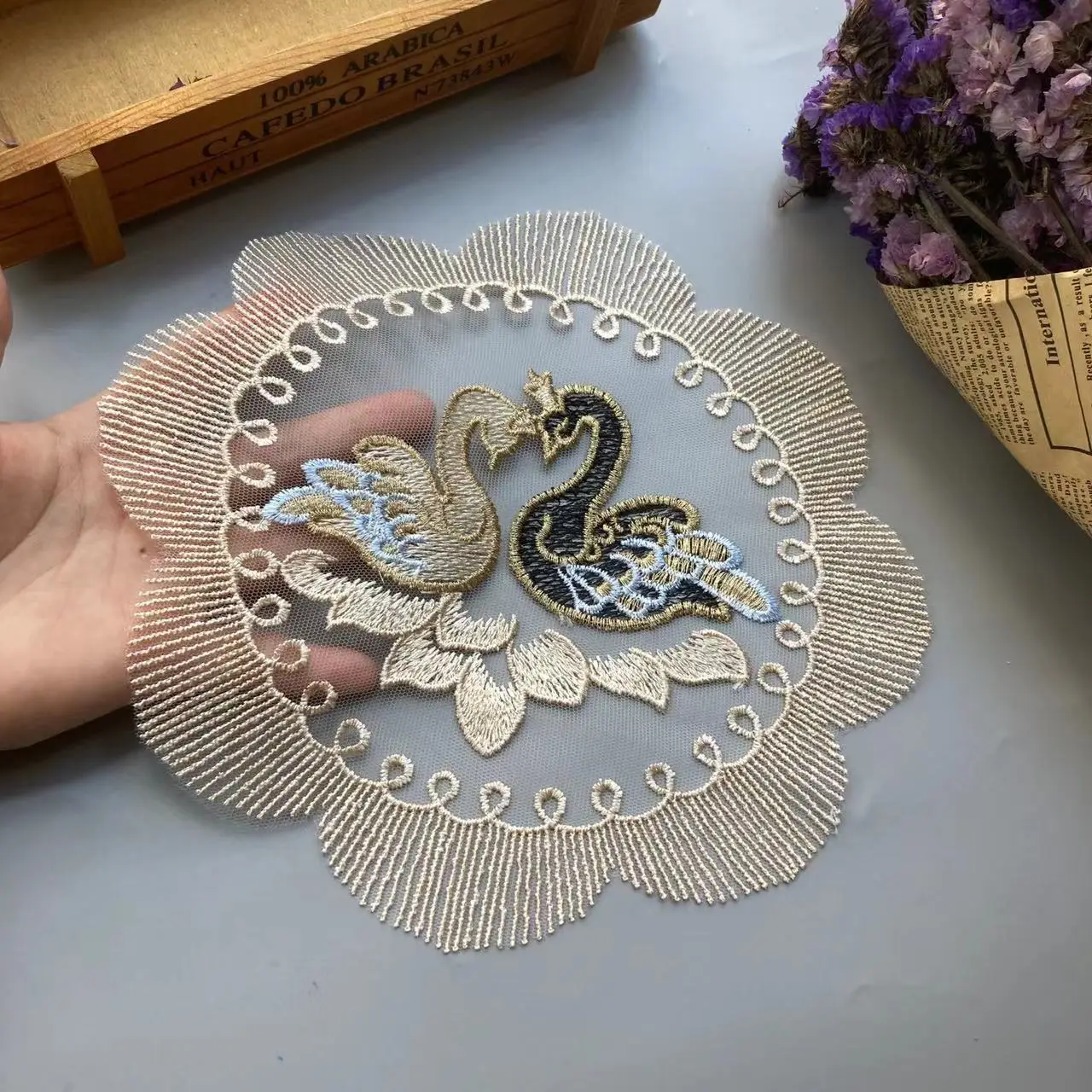 

2 pcs Embroidered Swan Flower Mesh Lace Ribbon Applique Trims for Covers Curtain Home Textiles Sewing Strip Ribbon Fabric 24cm