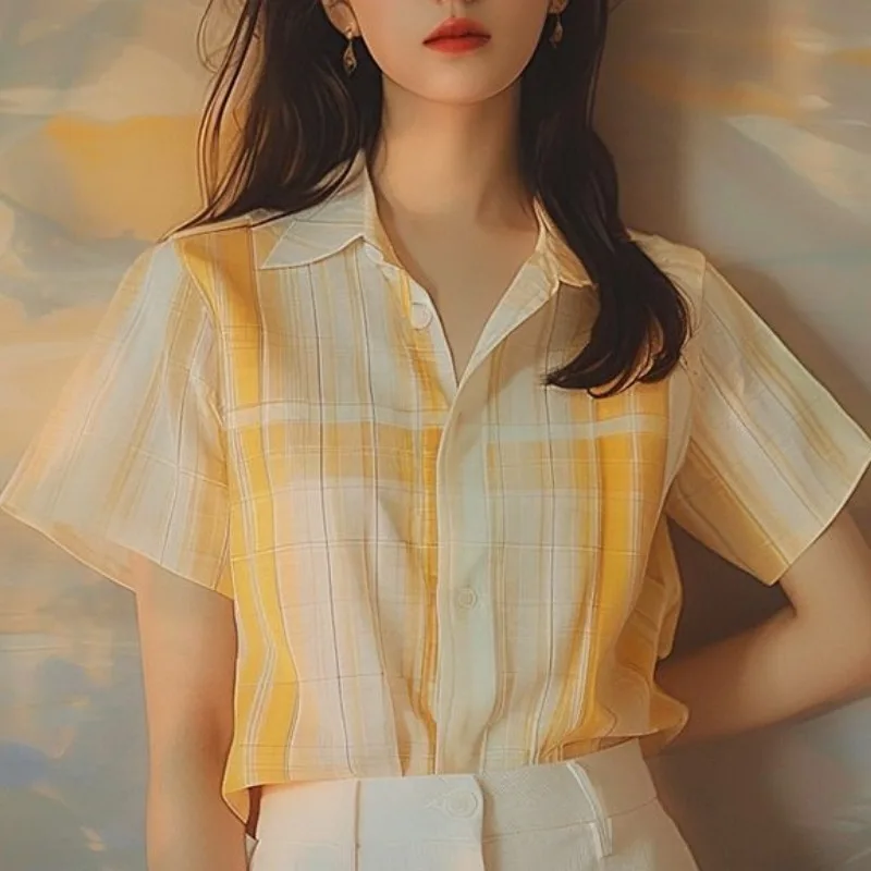 Summer New Women's Blouses Fashion Casual Plaid Gradient Button Polo Collar Short Sleeve Loose Comfortable All-match Shirts Tops
