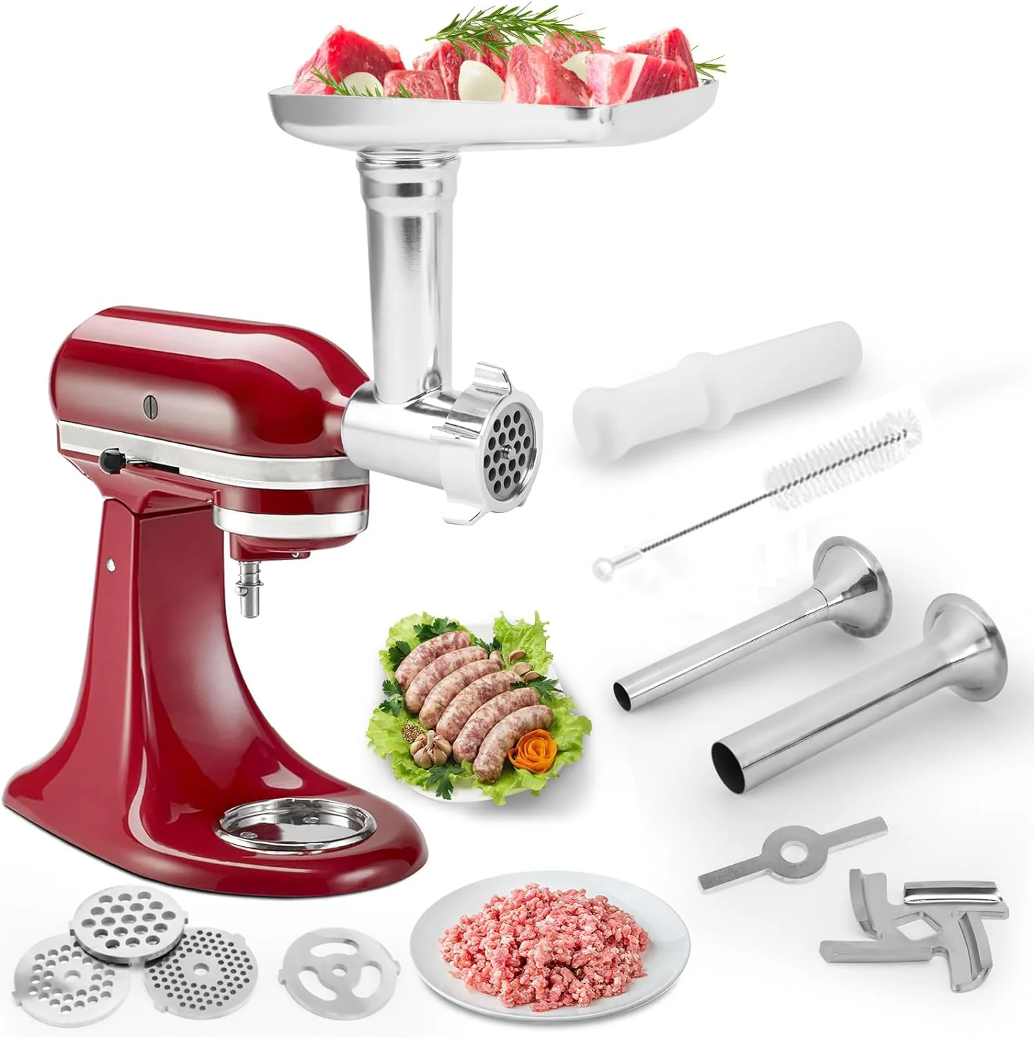 Aufsatz für Lebensmittelmühle aus Metall für Kitchenaid-Standmixer, inklusive 2 Wurstfüllrohre, 4 Mahlplatten und 4 Mahlklingen
