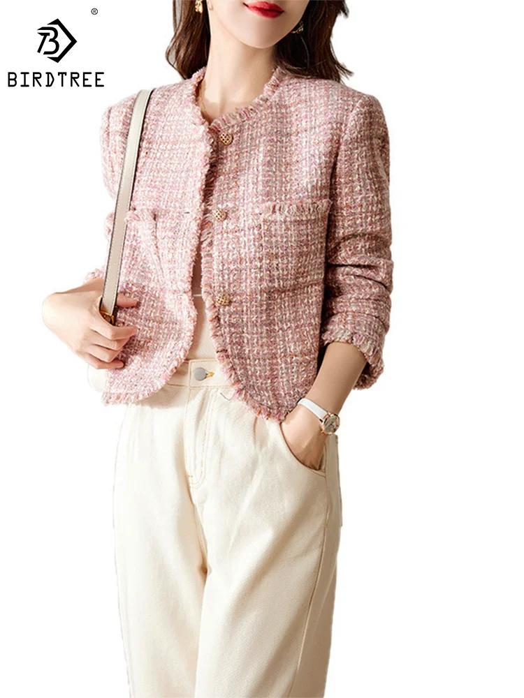

BirdTree Sheep Wool Blending Coat for Women, O Neck Tweed Woolen, Elegant Fashion Korean-style Jacket, 2024 Spring New C41553QM