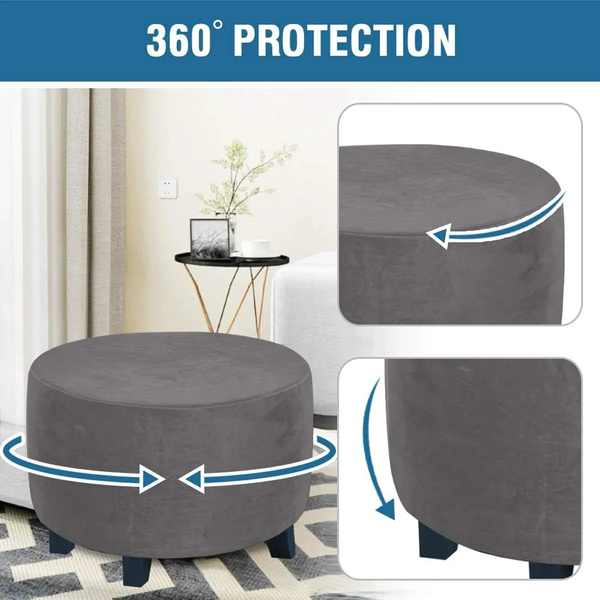 Luxurious Velvet Plush Round Ottoman Slipcover and Protector