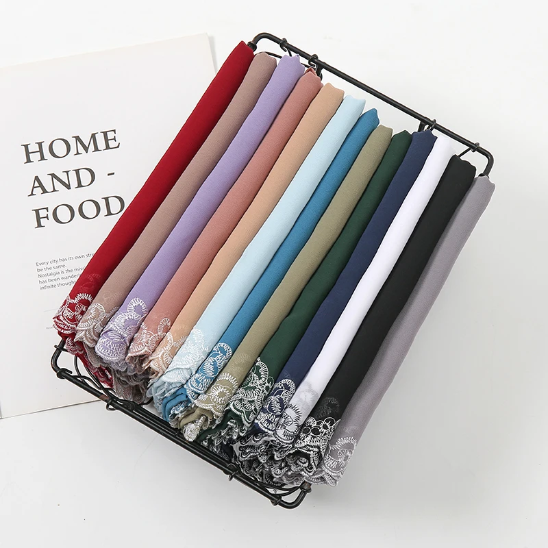 180x75cm Chiffon Hijab Schal für Frauen lange einfarbige Spitze Perlen kopf Wraps Schals Damen Strand Sonnenschutz Schals Schleier Schal – Detail 6