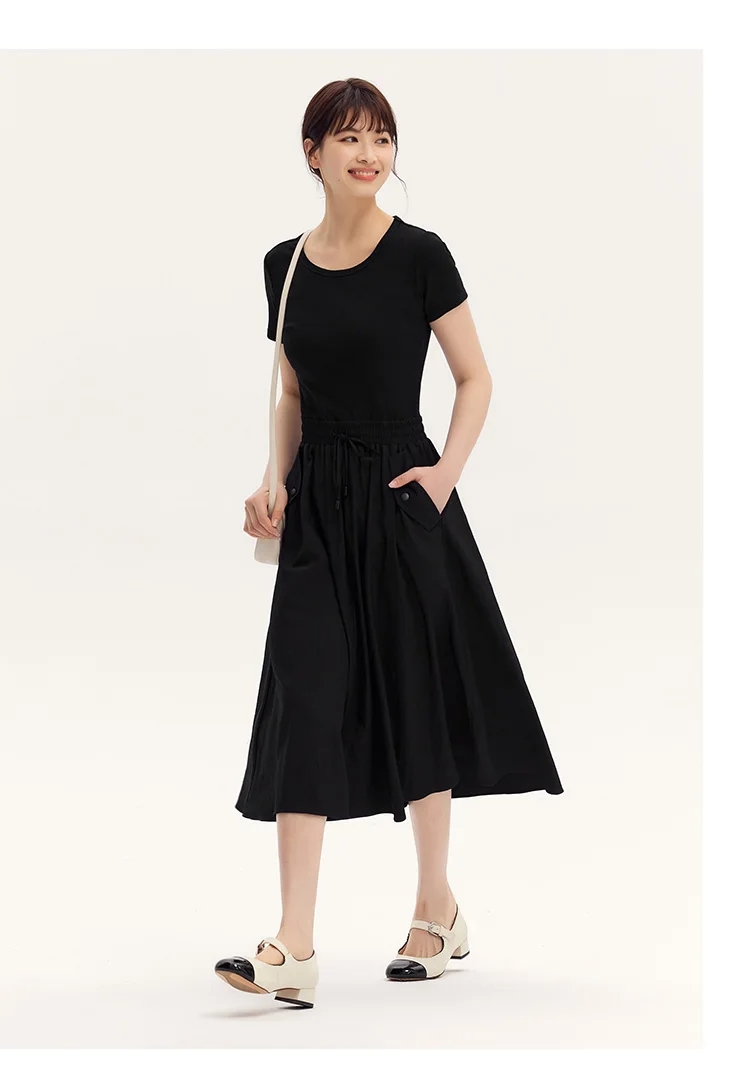 Dress Women Slim-Fit Waist-Cinching Dress Summer New Fake Two-Piece Round Neck Midi Versatile Dress