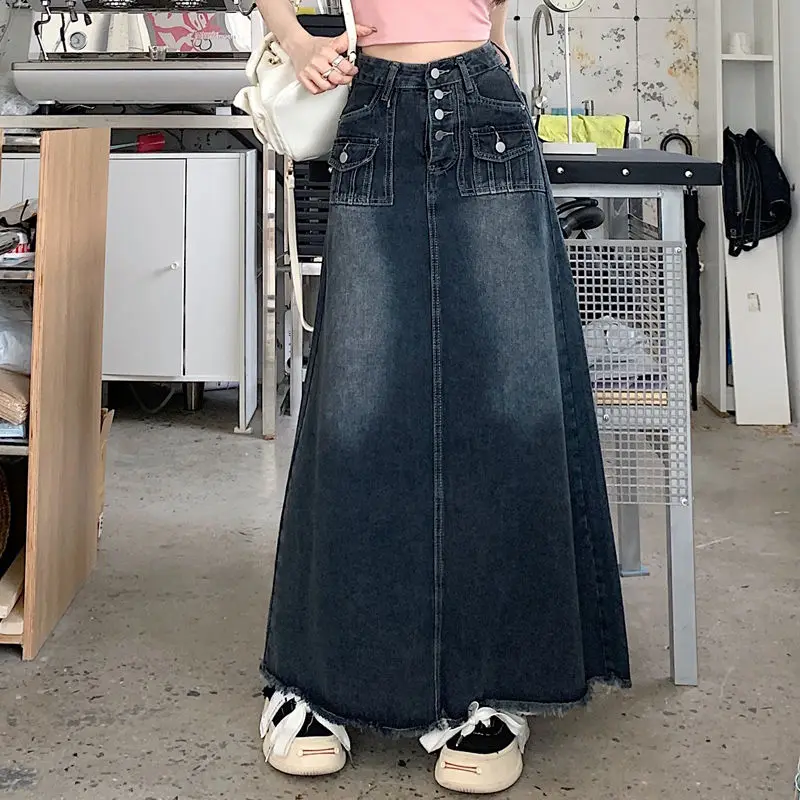 

High Waist Denim Skirt Raw Edge Skirt Women's Summer New Hong Kong Style Retro Mid-length Skirt Loose A-line Bag Hip Skirt