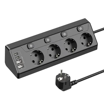 European desktop multi-contact power strip, 2 USB-A and 2 Type-C corner power sockets, 2M extension cord, home office kitchen 1