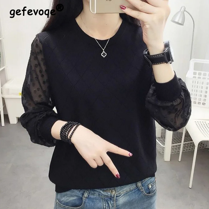

Spring Autumn Korean Style Hollow Out Mesh Patchwork Basic Pullover Tops Women's Casual Long Sleeve Solid Loose Knitted Sweaters
